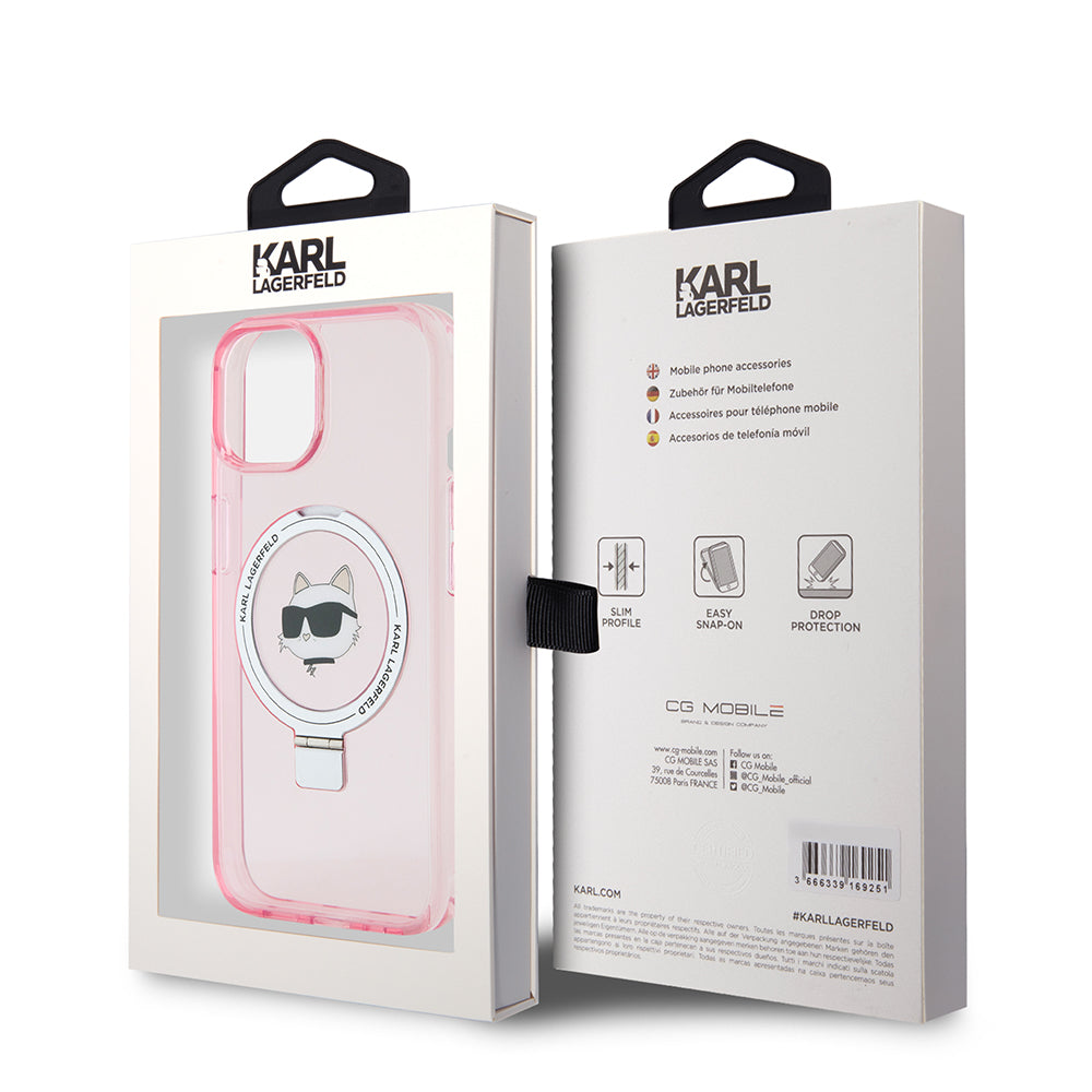 MagSafe Hülle für Apple iPhone 15, Karl Lagerfeld, Ring Stand Choupette's Head, Rosa