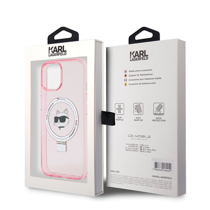MagSafe Hülle für Apple iPhone 15, Karl Lagerfeld, Ring Stand Choupette's Head, Rosa