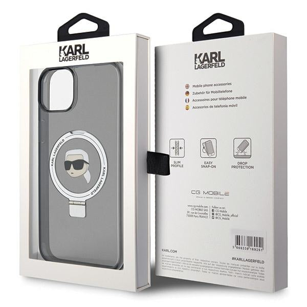 Coque MagSafe pour Apple iPhone 15, Karl Lagerfeld, Ring Stand Karl's Head, Noire