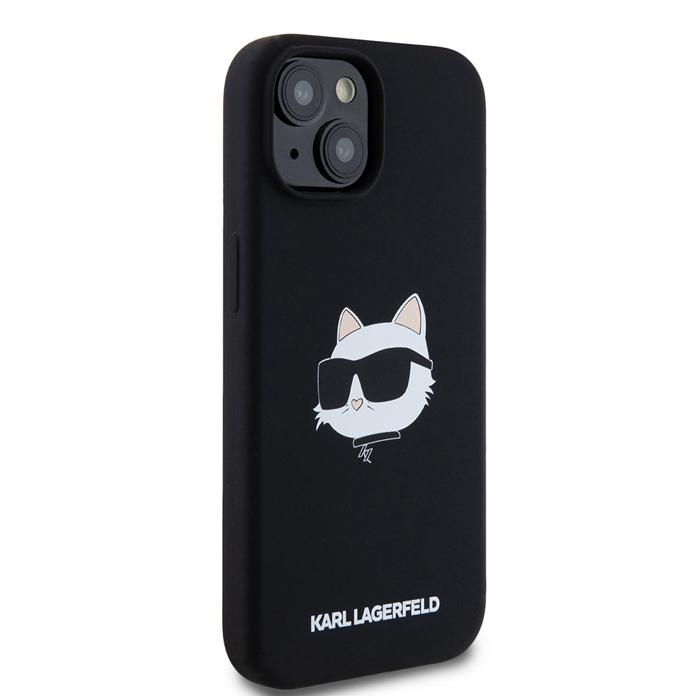 MagSafe Hülle für Apple iPhone 15, Karl Lagerfeld, Silikon Choupette's Head, Schwarz