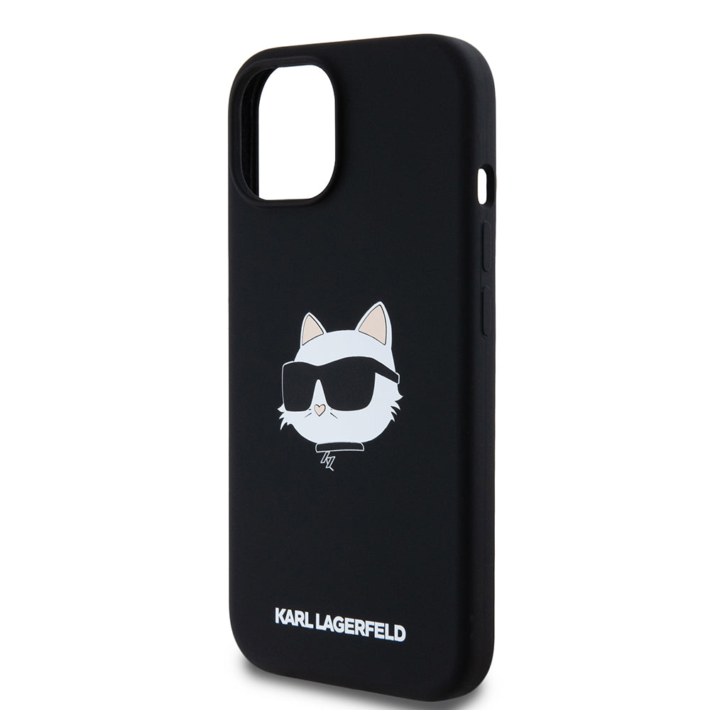 MagSafe Hülle für Apple iPhone 15, Karl Lagerfeld, Silikon Choupette's Head, Schwarz