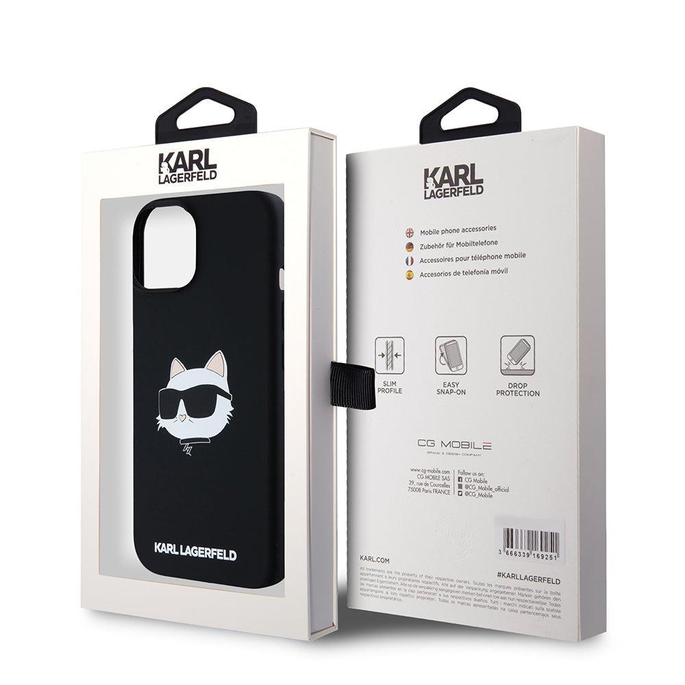 MagSafe Hülle für Apple iPhone 15, Karl Lagerfeld, Silikon Choupette's Head, Schwarz