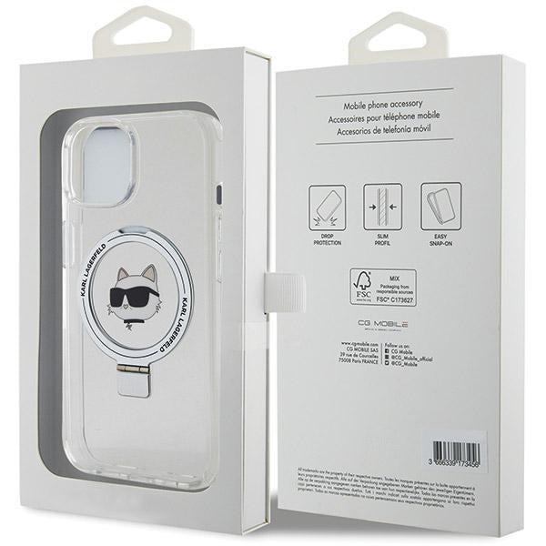Étui MagSafe pour Apple iPhone 15 Plus / 14 Plus, Karl Lagerfeld, Ring Stand Choupette's Head, Blanc