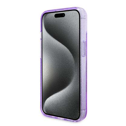 MagSafe Hülle für Apple iPhone 15 Plus, Guess, Ring Stand Script Glitter, Lila