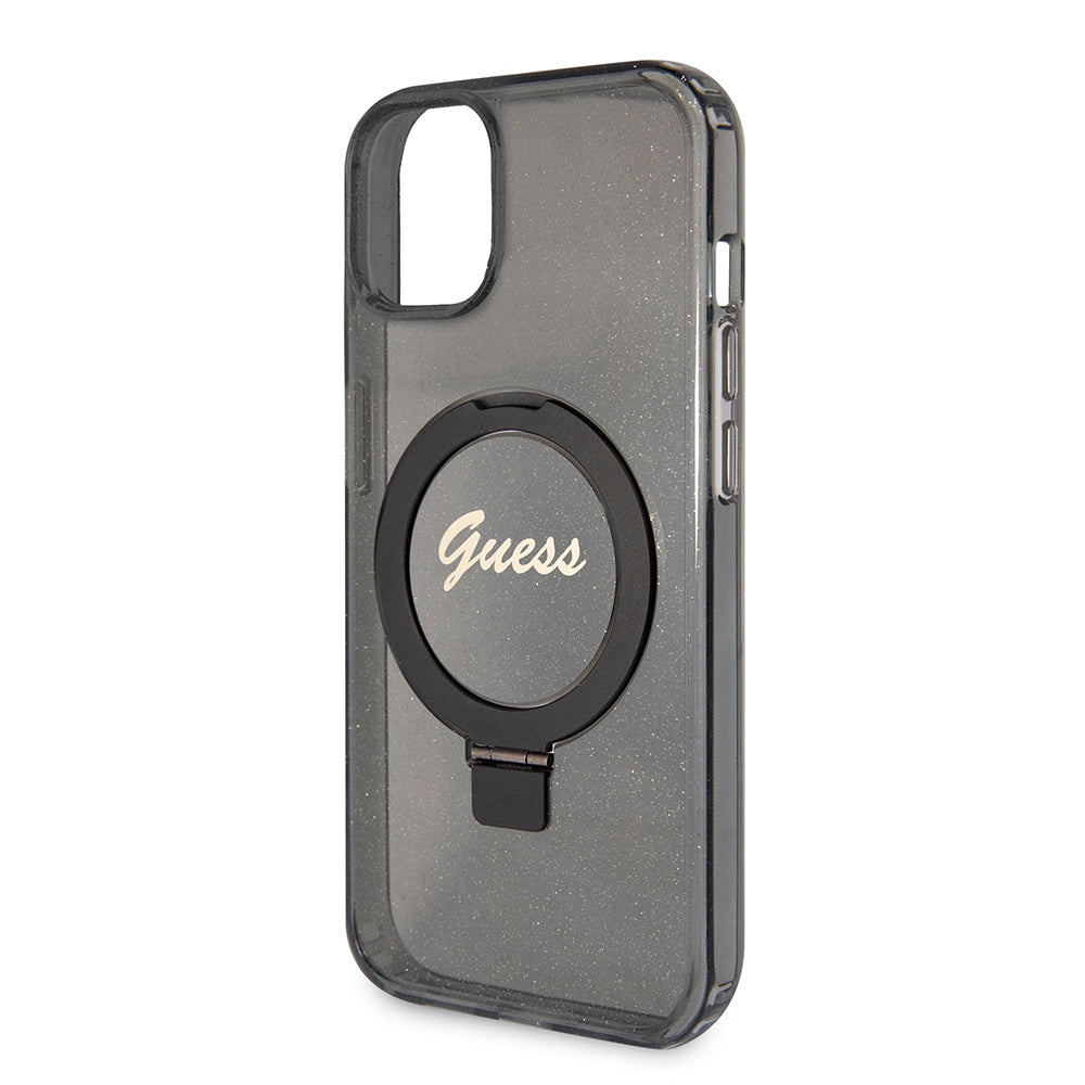 MagSafe Hülle für Apple iPhone 15 Plus, Guess, Ring Stand Script Glitter, Schwarz