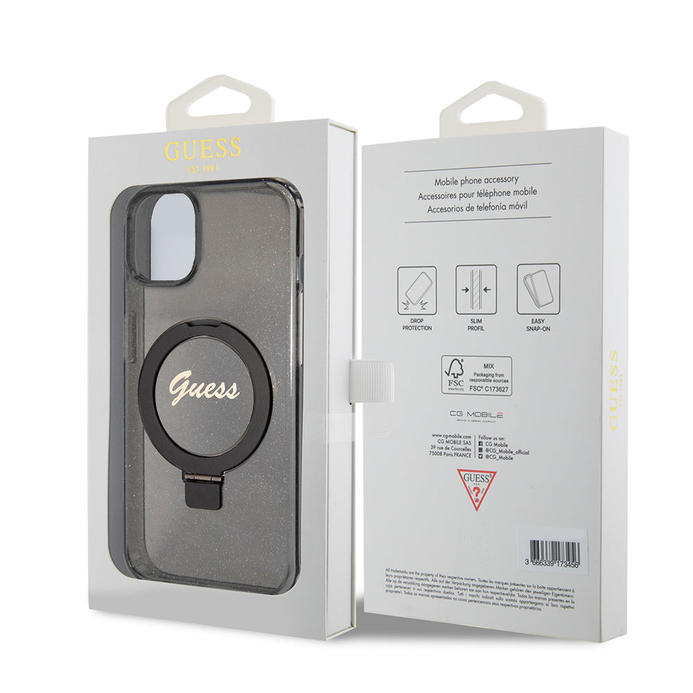 MagSafe Hülle für Apple iPhone 15 Plus, Guess, Ring Stand Script Glitter, Schwarz