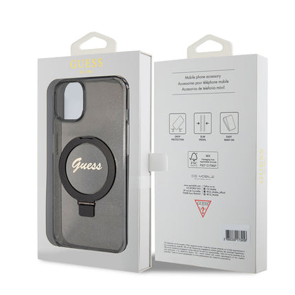 MagSafe Hülle für Apple iPhone 15 Plus, Guess, Ring Stand Script Glitter, Schwarz