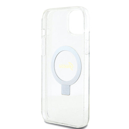 MagSafe Hülle für Apple iPhone 15 Plus, Guess, Ring Stand Script Glitter, Transparent