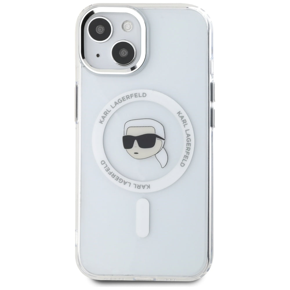 MagSafe Case for Apple iPhone 15 Plus, Karl Lagerfeld, IML Metal Karl's Head, White