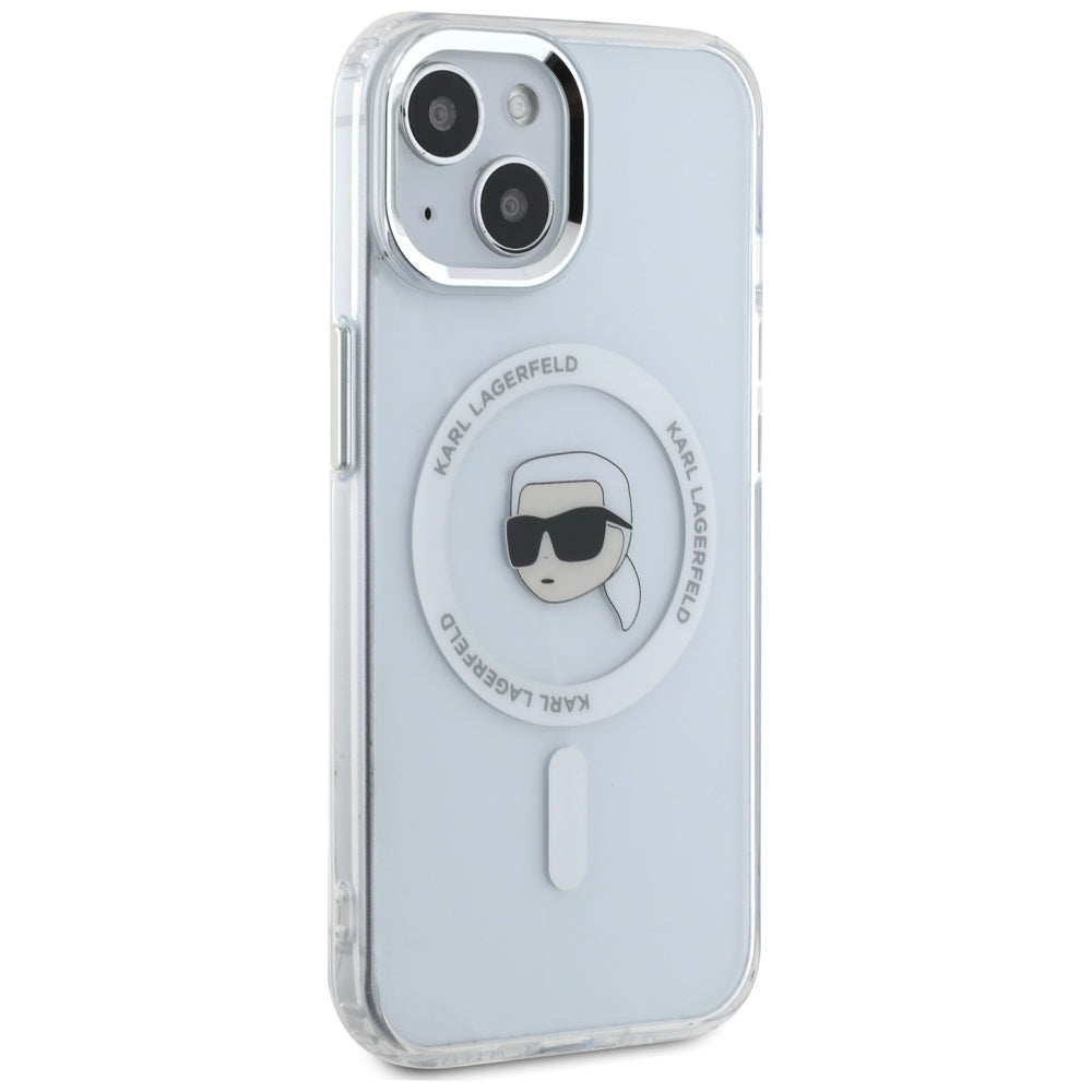 MagSafe Case for Apple iPhone 15 Plus, Karl Lagerfeld, IML Metal Karl's Head, White