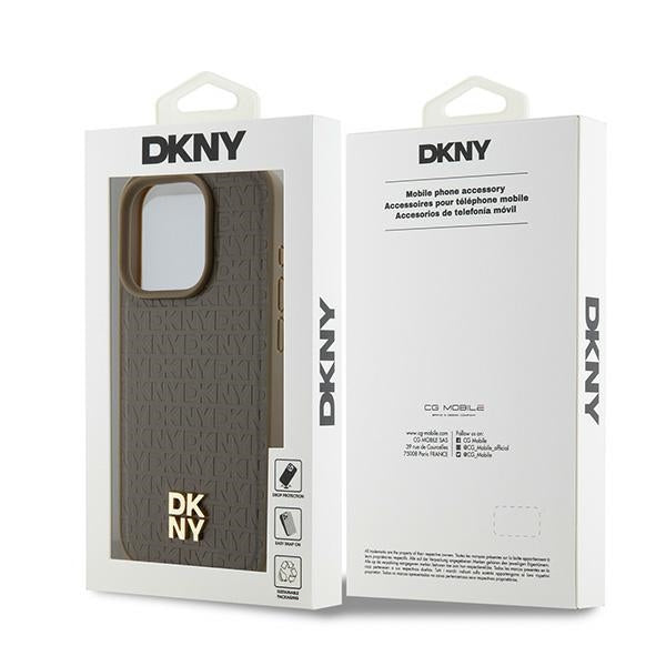 Étui MagSafe pour Apple iPhone 15 Pro, DKNY, Logo Métallique Monogramme, Marron