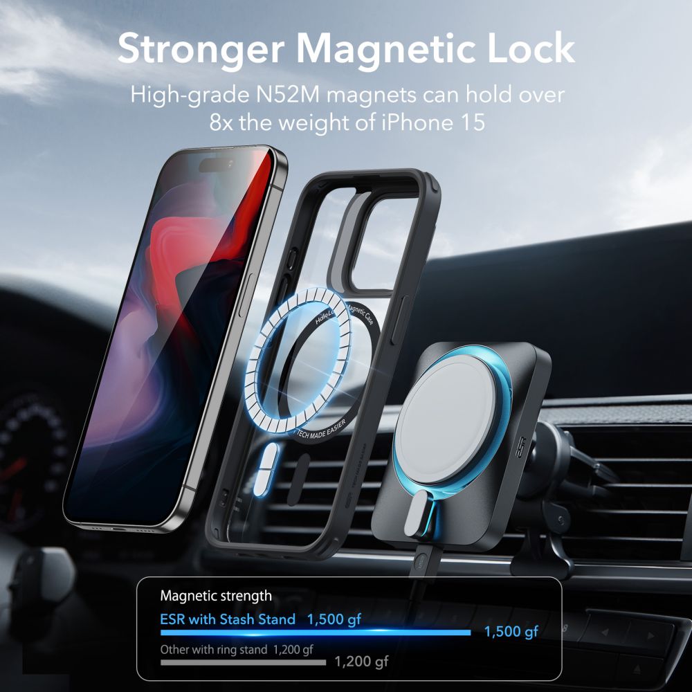 Étui MagSafe pour Apple iPhone 15 Pro, ESR, Classic Hybrid Kickstand, Noir Transparent