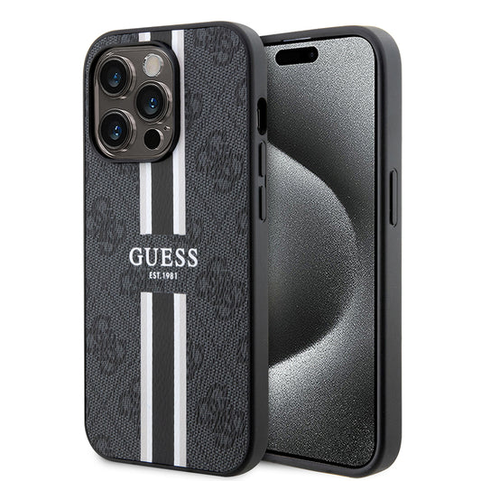 Étui MagSafe pour Apple iPhone 15 Pro, Guess, 4G Printed Stripes, Noir