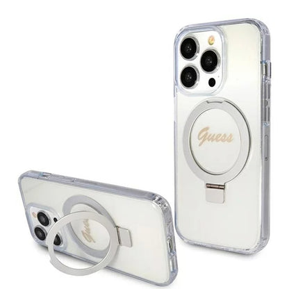 MagSafe Hülle für Apple iPhone 15 Pro, Guess, IML Ring Stand Glitter, Transparent