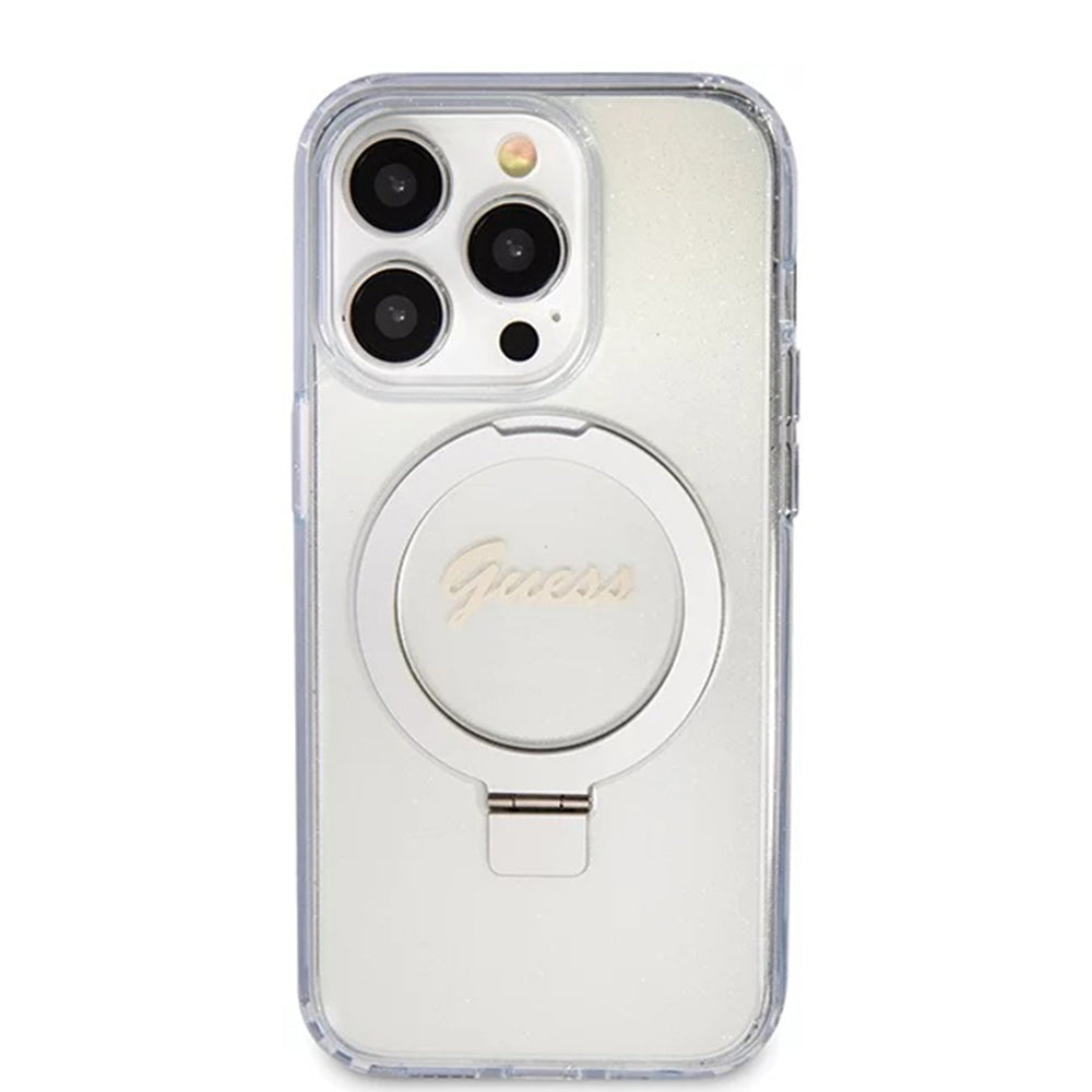 MagSafe Hülle für Apple iPhone 15 Pro, Guess, IML Ring Stand Glitter, Transparent