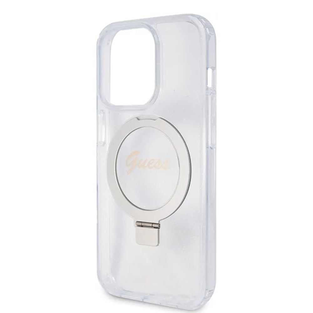 MagSafe Hülle für Apple iPhone 15 Pro, Guess, IML Ring Stand Glitter, Transparent