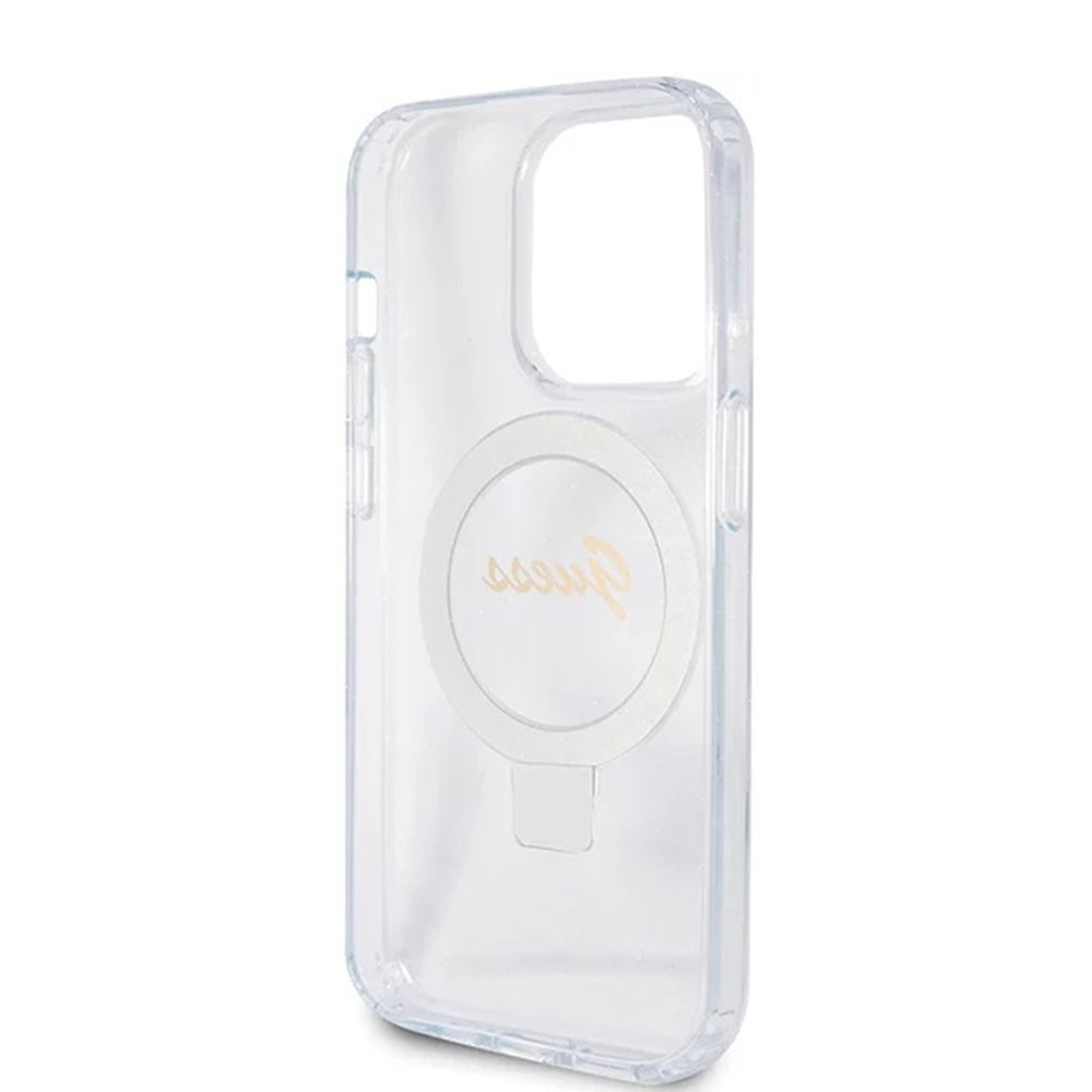 MagSafe Hülle für Apple iPhone 15 Pro, Guess, IML Ring Stand Glitter, Transparent