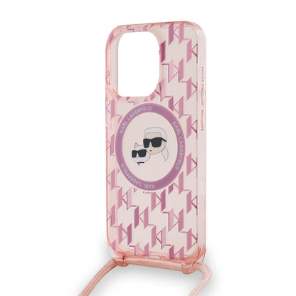 Étui MagSafe pour Apple iPhone 15 Pro, Karl Lagerfeld, IML Crossbody Monogramme Karl & Choupette's Heads, Rose