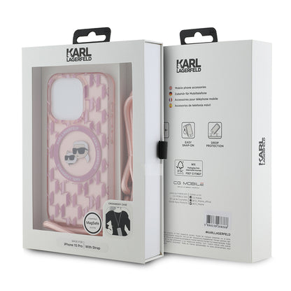 Étui MagSafe pour Apple iPhone 15 Pro, Karl Lagerfeld, IML Crossbody Monogramme Karl & Choupette's Heads, Rose