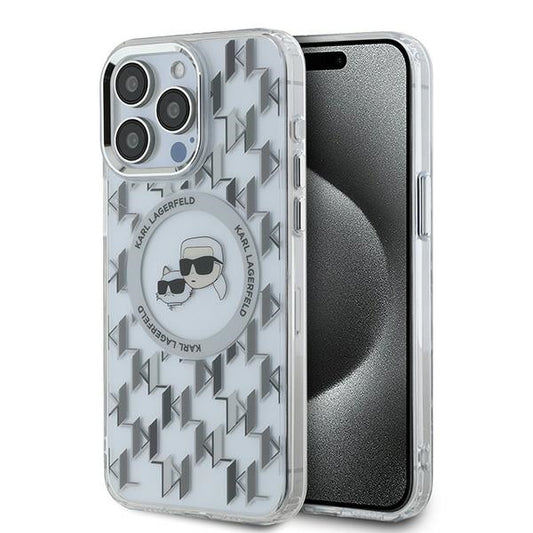 Coque MagSafe pour Apple iPhone 15 Pro, Karl Lagerfeld, IML Monogramme Karl & Têtes de Choupette, Transparente