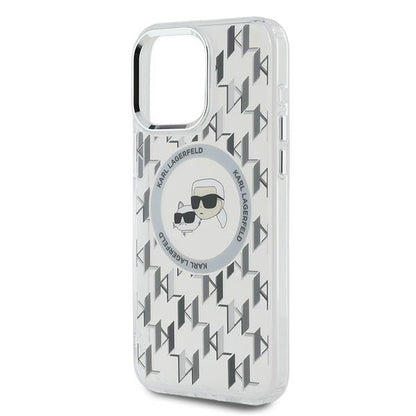 Coque MagSafe pour Apple iPhone 15 Pro, Karl Lagerfeld, IML Monogramme Karl & Têtes de Choupette, Transparente