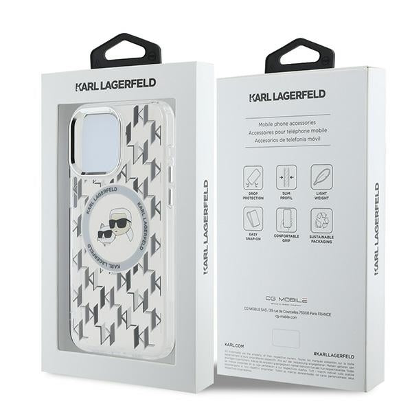 Coque MagSafe pour Apple iPhone 15 Pro, Karl Lagerfeld, IML Monogramme Karl & Têtes de Choupette, Transparente