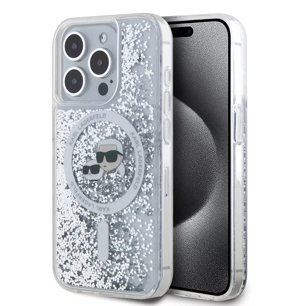 MagSafe Case for Apple iPhone 15 Pro, Karl Lagerfeld, Liquid Glitter Karl & Choupette's Heads, Transparent