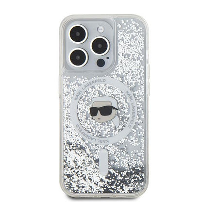MagSafe Case for Apple iPhone 15 Pro, Karl Lagerfeld, Liquid Glitter Karl's Head, Transparent