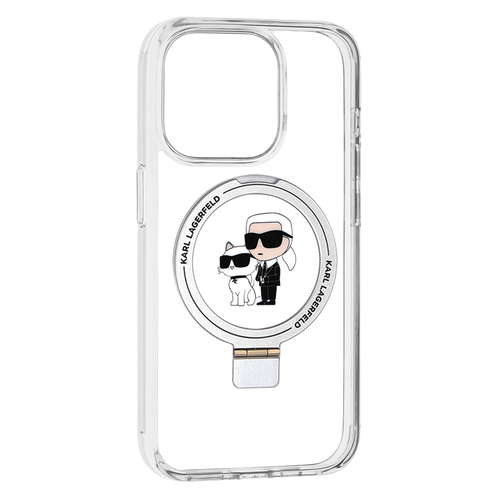 Coque MagSafe pour Apple iPhone 15 Pro, Karl Lagerfeld, Ring Stand Karl & Choupette, Blanche