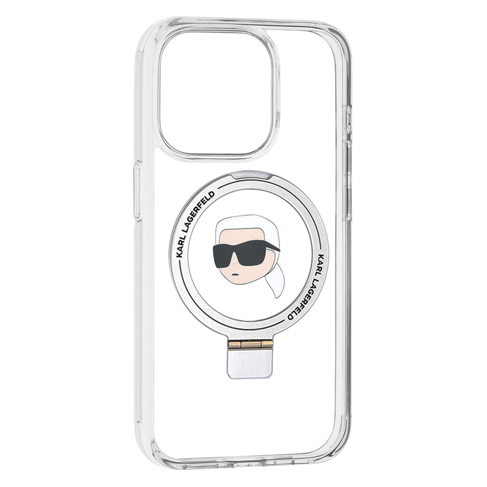Coque MagSafe pour Apple iPhone 15 Pro, Karl Lagerfeld, Ring Stand Karl's Head, Blanche