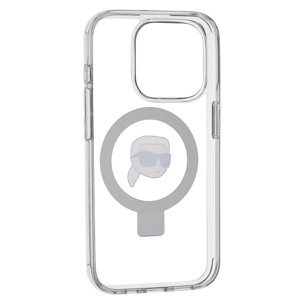 Coque MagSafe pour Apple iPhone 15 Pro, Karl Lagerfeld, Ring Stand Karl's Head, Blanche