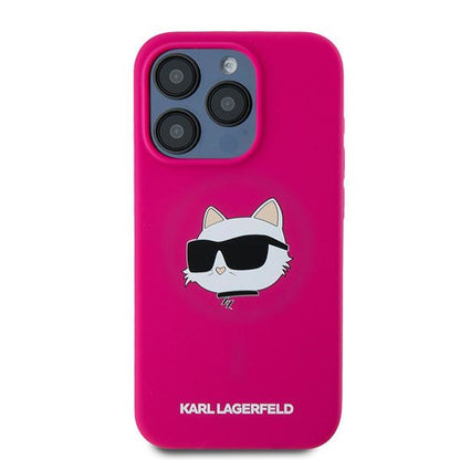 Coque MagSafe pour Apple iPhone 15 Pro, Karl Lagerfeld, Silicone Tête de Choupette, Fuchsia