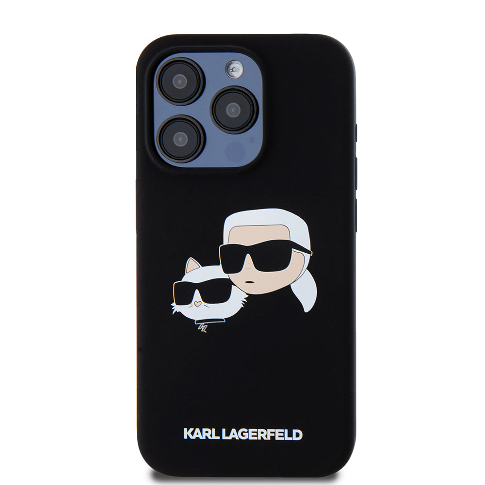 Coque MagSafe pour Apple iPhone 15 Pro, Karl Lagerfeld, Silicone Karl & Choupette's Heads, Noire