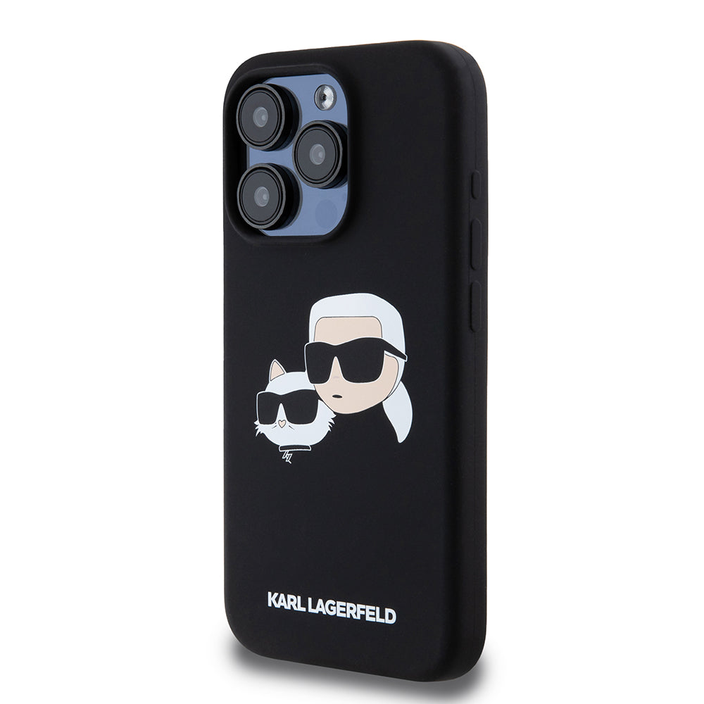 Coque MagSafe pour Apple iPhone 15 Pro, Karl Lagerfeld, Silicone Karl & Choupette's Heads, Noire