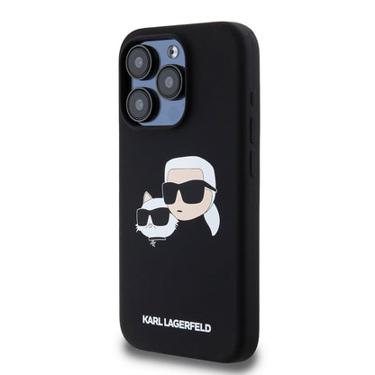Coque MagSafe pour Apple iPhone 15 Pro, Karl Lagerfeld, Silicone Karl & Choupette's Heads, Noire