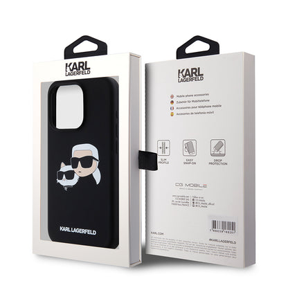 Coque MagSafe pour Apple iPhone 15 Pro, Karl Lagerfeld, Silicone Karl & Choupette's Heads, Noire