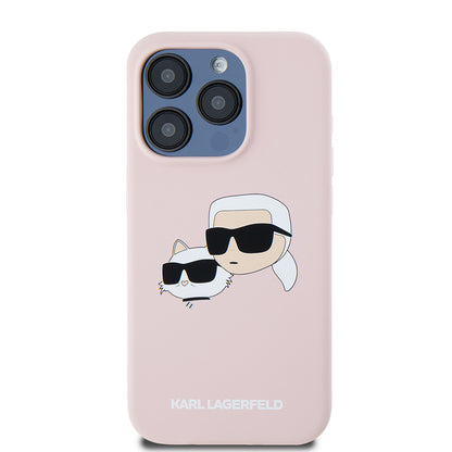 Coque MagSafe pour Apple iPhone 15 Pro, Karl Lagerfeld, Silicone Karl & Choupette's Heads, Rose