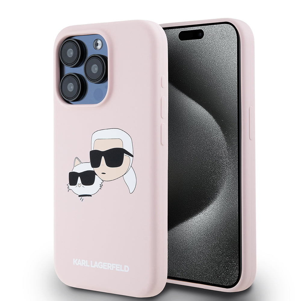 Coque MagSafe pour Apple iPhone 15 Pro, Karl Lagerfeld, Silicone Karl & Choupette's Heads, Rose