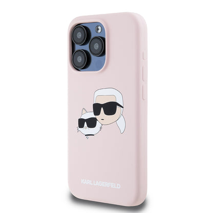 Coque MagSafe pour Apple iPhone 15 Pro, Karl Lagerfeld, Silicone Karl & Choupette's Heads, Rose