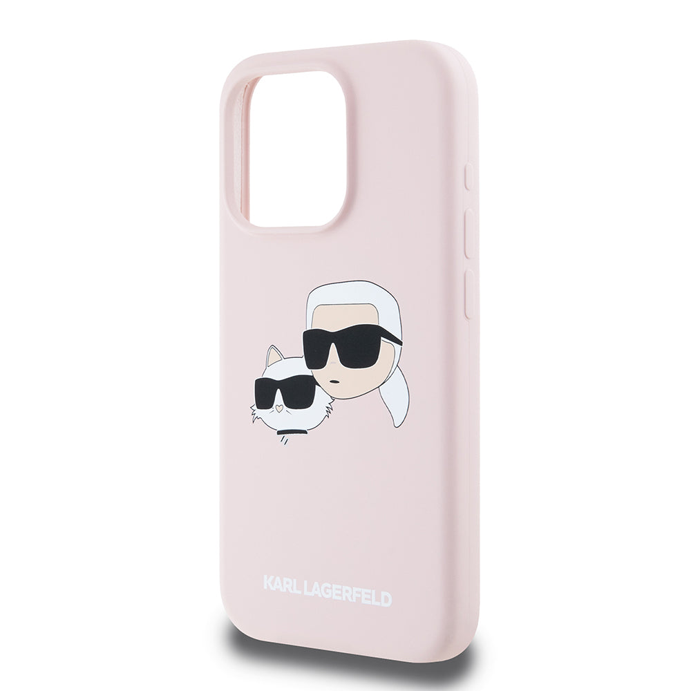 Coque MagSafe pour Apple iPhone 15 Pro, Karl Lagerfeld, Silicone Karl & Choupette's Heads, Rose