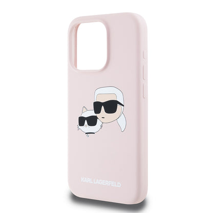 Coque MagSafe pour Apple iPhone 15 Pro, Karl Lagerfeld, Silicone Karl & Choupette's Heads, Rose