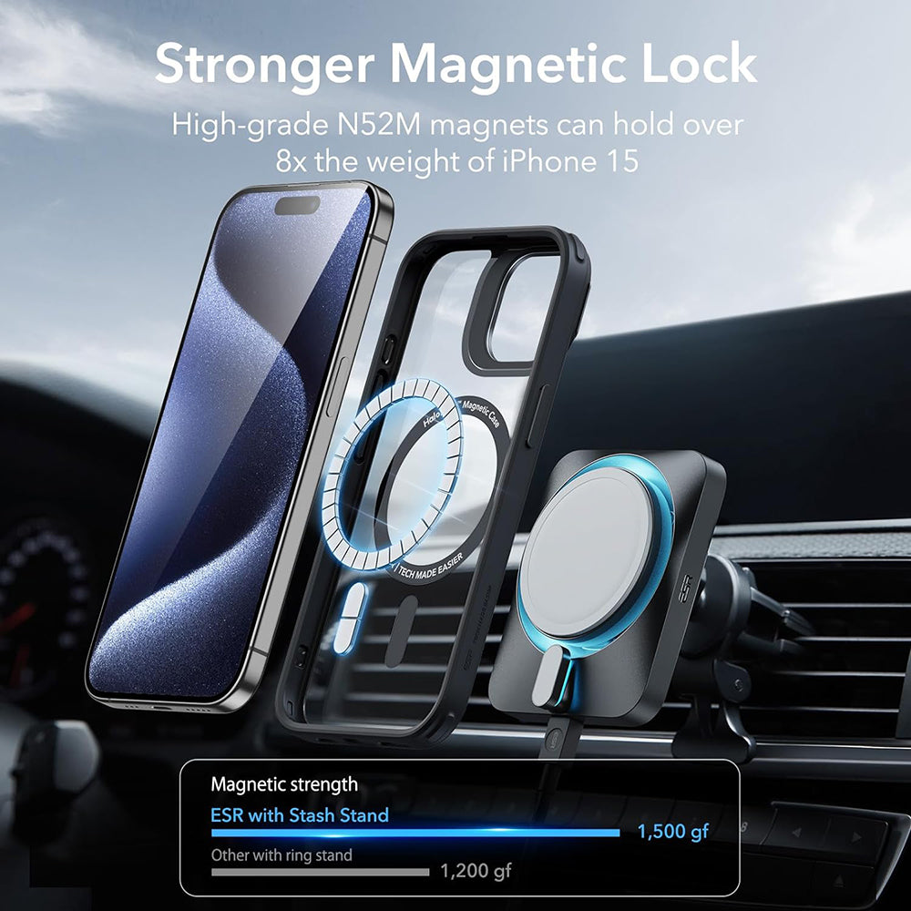 Coque MagSafe pour Apple iPhone 15 Pro Max, ESR, Classic Hybrid Kickstand, Noire Transparente