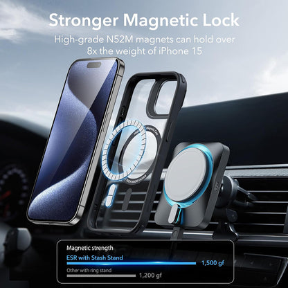 Coque MagSafe pour Apple iPhone 15 Pro Max, ESR, Classic Hybrid Kickstand, Noire Transparente