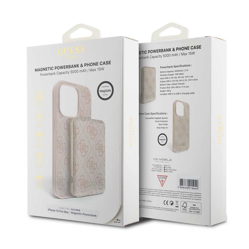 MagSafe Hülle für Apple iPhone 15 Pro Max, Guess, Powerbank 4G Metal Logo, Rosa