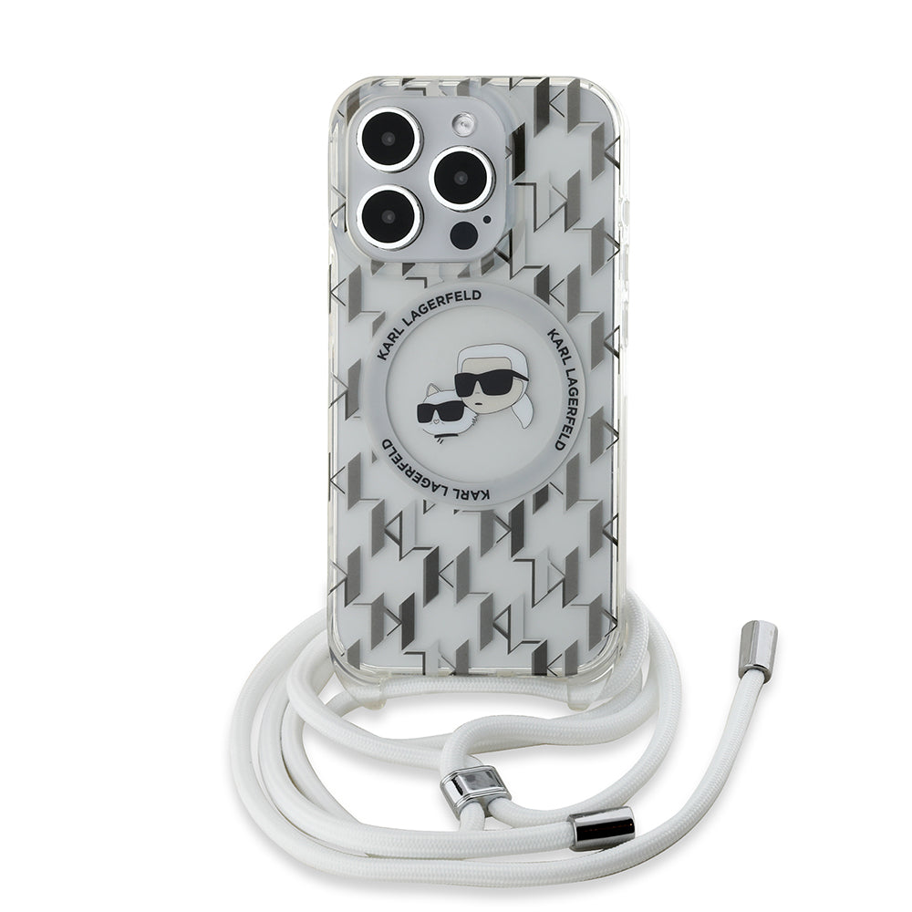Étui MagSafe pour Apple iPhone 15 Pro Max, Karl Lagerfeld, IML Crossbody Monogram Karl & Choupette's Heads, Transparent