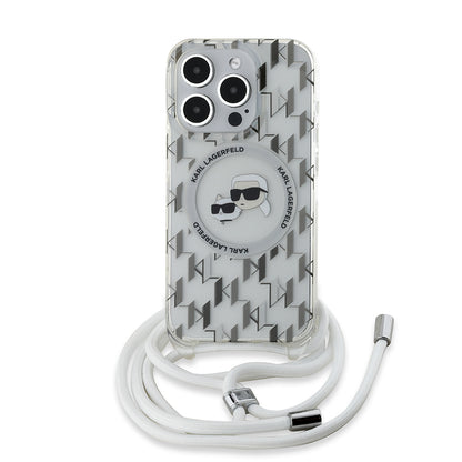 Étui MagSafe pour Apple iPhone 15 Pro Max, Karl Lagerfeld, IML Crossbody Monogram Karl & Choupette's Heads, Transparent