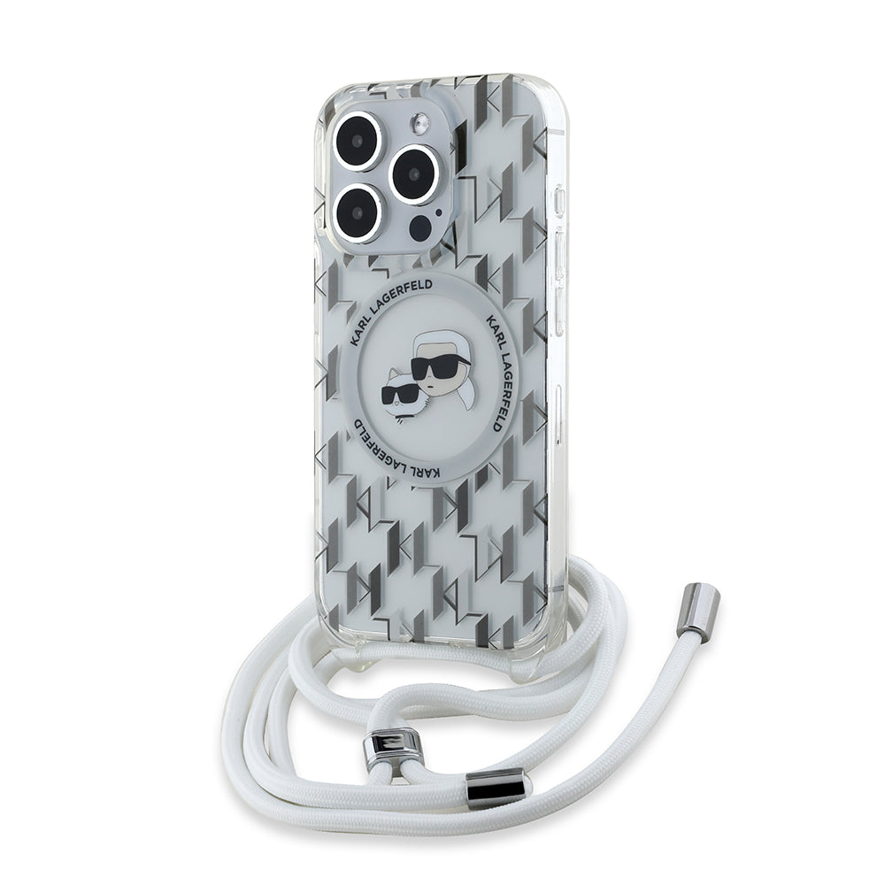 Étui MagSafe pour Apple iPhone 15 Pro Max, Karl Lagerfeld, IML Crossbody Monogram Karl & Choupette's Heads, Transparent