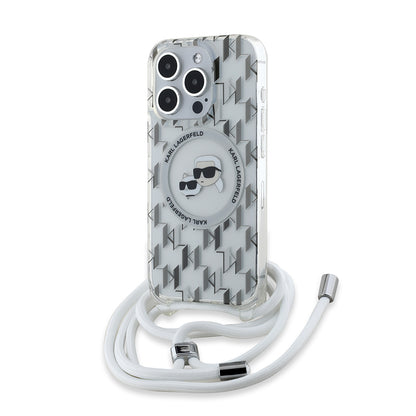 Étui MagSafe pour Apple iPhone 15 Pro Max, Karl Lagerfeld, IML Crossbody Monogram Karl & Choupette's Heads, Transparent