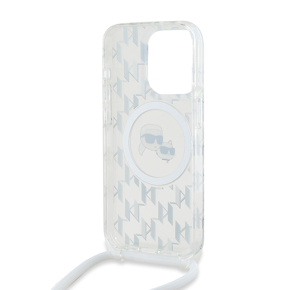 Étui MagSafe pour Apple iPhone 15 Pro Max, Karl Lagerfeld, IML Crossbody Monogram Karl & Choupette's Heads, Transparent