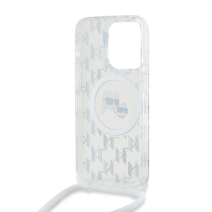 Étui MagSafe pour Apple iPhone 15 Pro Max, Karl Lagerfeld, IML Crossbody Monogram Karl & Choupette's Heads, Transparent